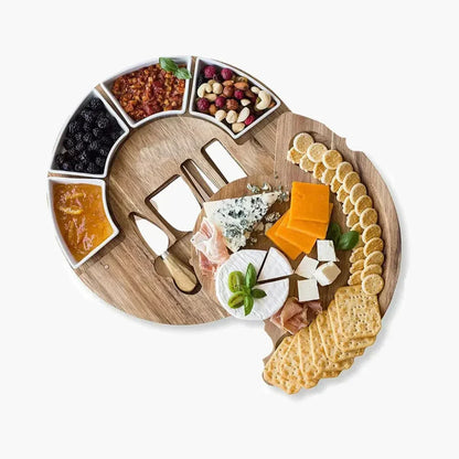 Kaasplank Set Acacia Hout 33cm Rond met Keramische Kommen en Messen Charcuterie Borrelplank Serveerplank