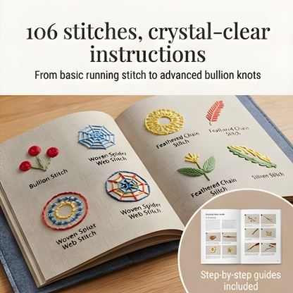 Complete Borduurstekenboek Kit – 106 Steken, Linnen Pagina's, Volledige Gereedschapsset – Handwerk Leren