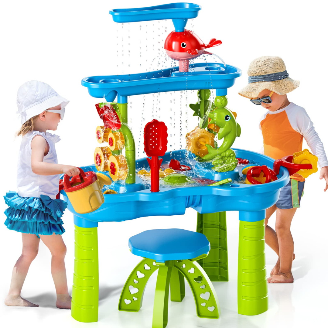 Waterspeeltafel met Accessoires voor Kinderen – Buiten Speelgoed met Watermolen en Watertoren 63x41x82cm – Scandinavisch Geïnspireerd Zandwater Tafeltje voor Tuin