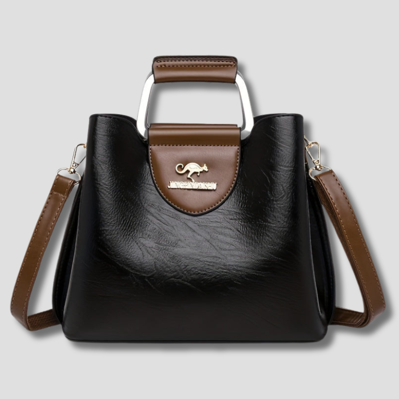 Leren Dames Handtas Zwart Bruin Tweekleurig Design met Praktische Vakken