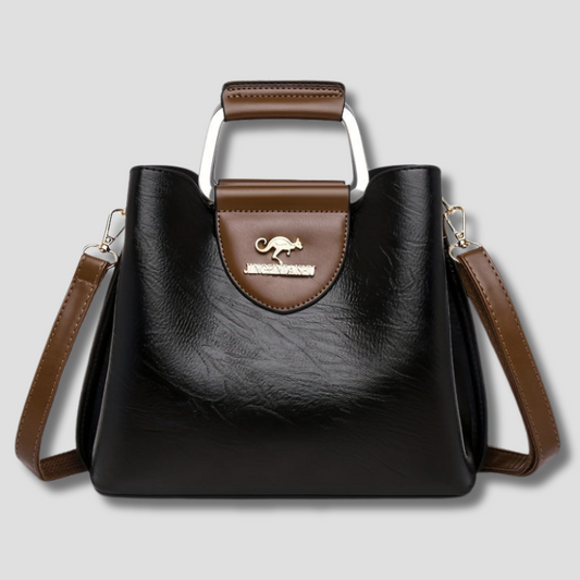Leren Dames Handtas Zwart Bruin Tweekleurig Design met Praktische Vakken