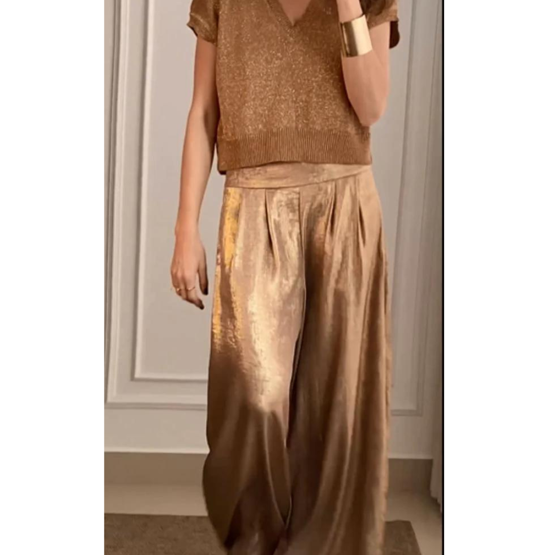 Dames Pantalon Hoge Taille Wijd Satijn Look Elegante - StudioMarella