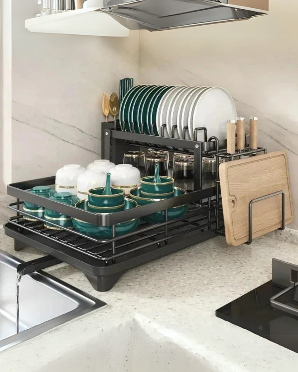 Modern afdruiprek van carbon staal met 360° draaibare afvoer – luxe keukendroogrek met meerdere niveaus