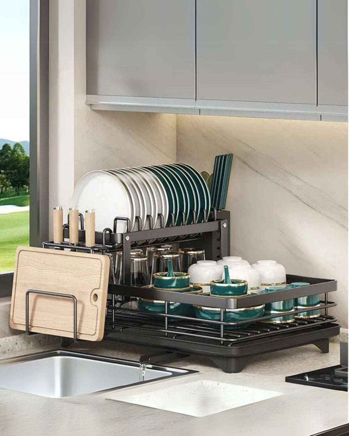 Modern afdruiprek van carbon staal met 360° draaibare afvoer – luxe keukendroogrek met meerdere niveaus