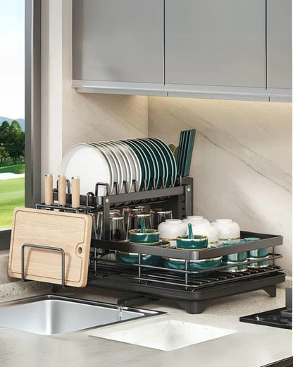 Modern afdruiprek van carbon staal met 360° draaibare afvoer – luxe keukendroogrek met meerdere niveaus