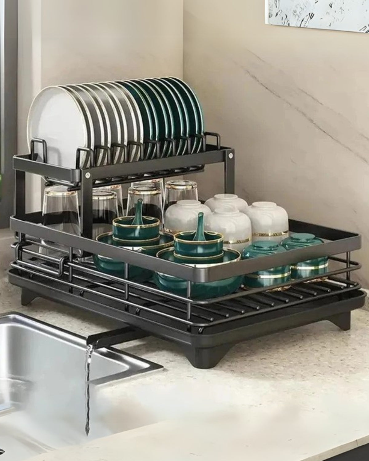 Modern afdruiprek van carbon staal met 360° draaibare afvoer – luxe keukendroogrek met meerdere niveaus