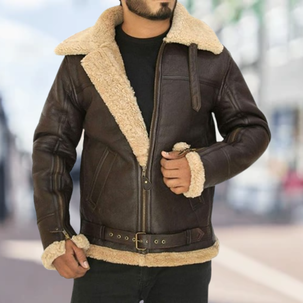Heren Leren Jas Warm met Bontkraag en Sherpa Lining - StudioMarella