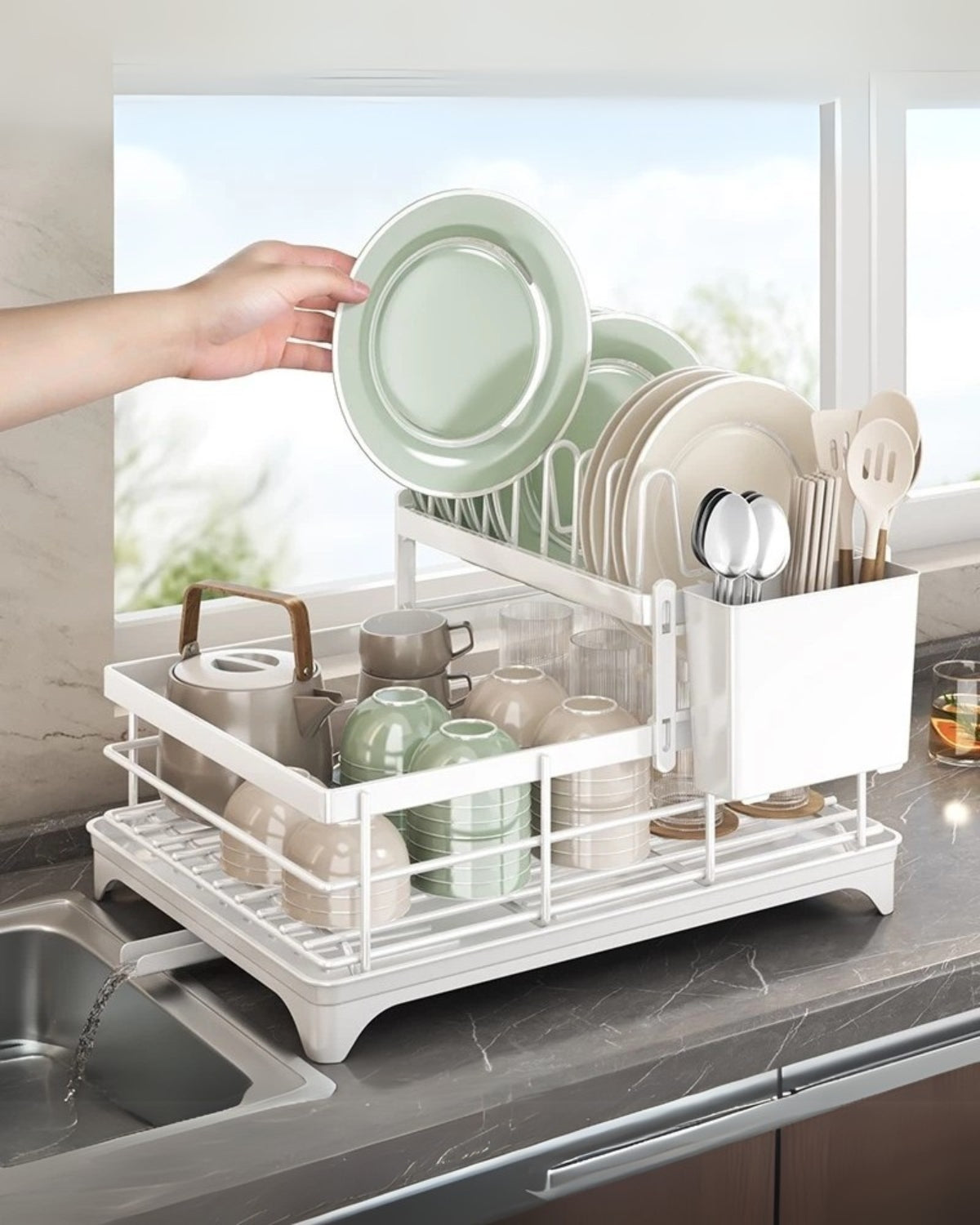 Modern afdruiprek van carbon staal met 360° draaibare afvoer – luxe keukendroogrek met meerdere niveaus