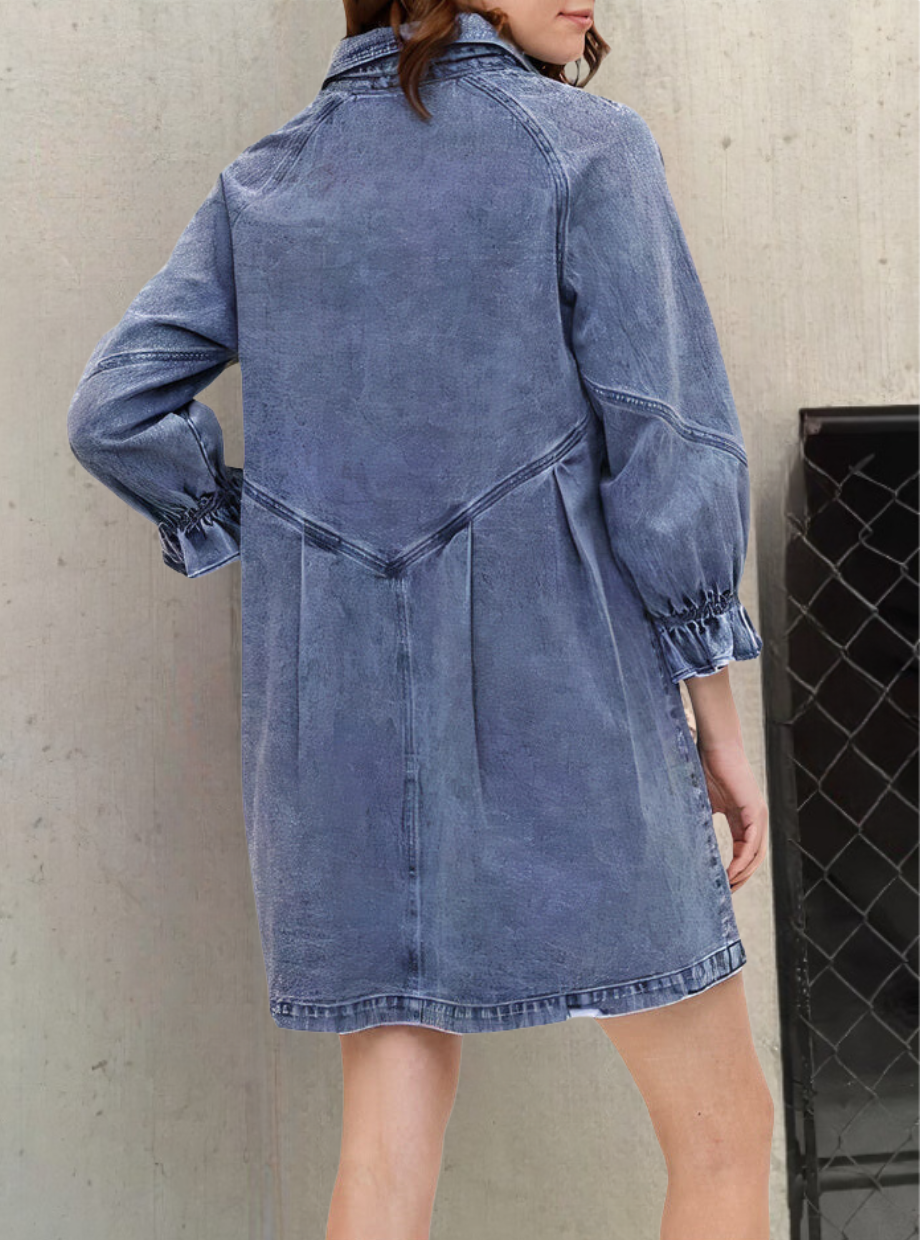 Donkere Blauwe Lange Mouwen Jurk van Denim Stof