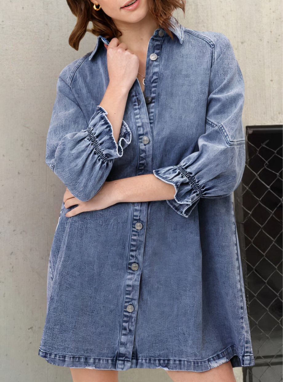 Donkere Blauwe Lange Mouwen Jurk van Denim Stof