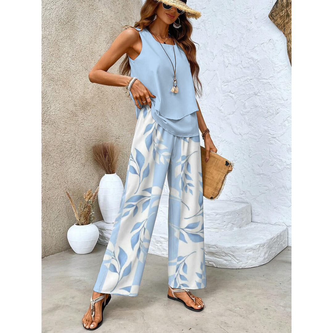 Vrouwelijke Co-ord Set Gelaagde Top en Wijde Broek