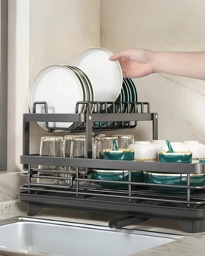 Modern afdruiprek van carbon staal met 360° draaibare afvoer – luxe keukendroogrek met meerdere niveaus