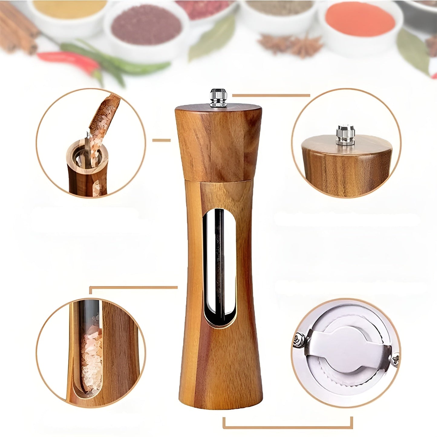 Zout- en Pepermolen Set Hout Acryl Venster 19cm Verstelbaar Maalwerk Keramisch Tafel Keuken Cadeau