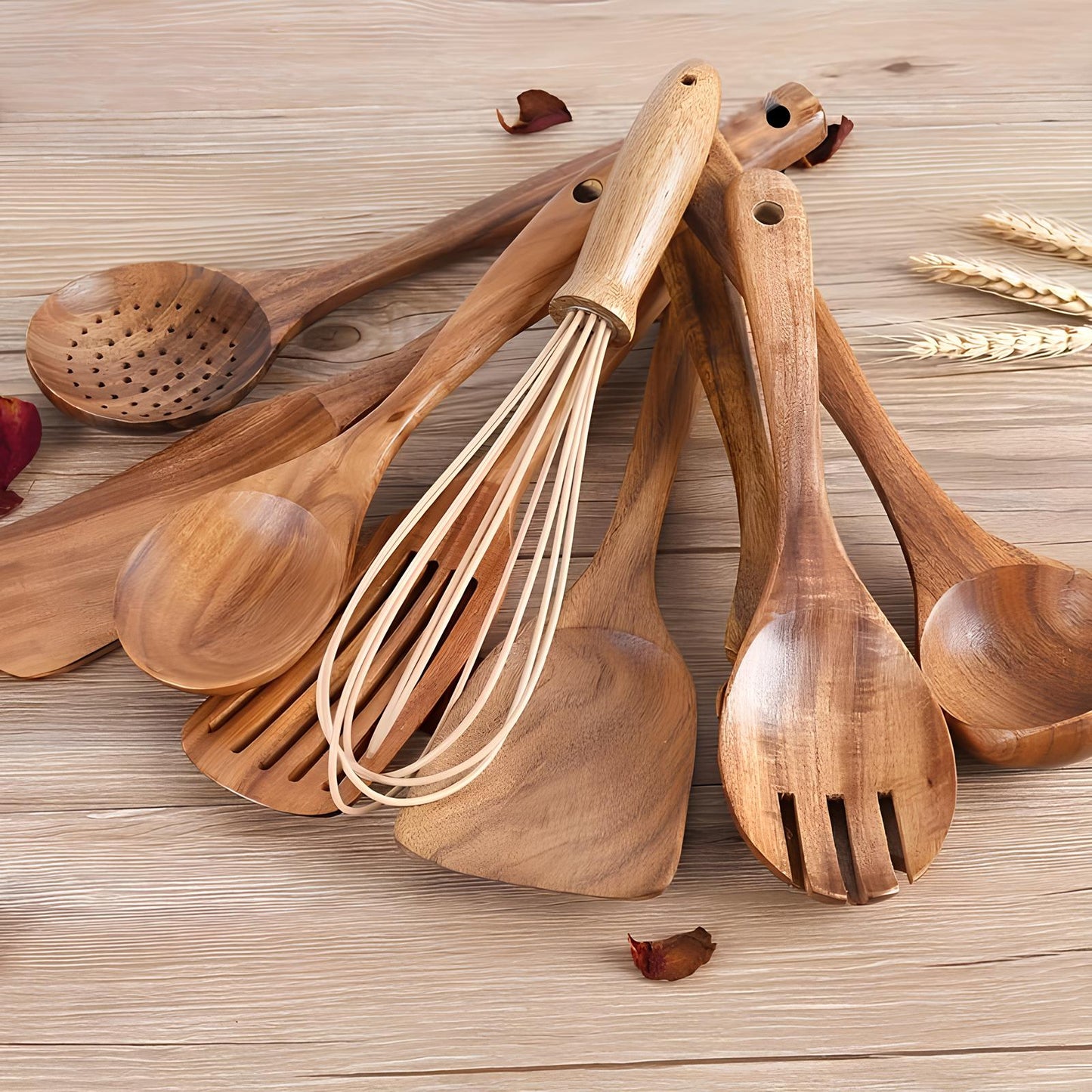 Houten Keukengerei Set 11-delig met Houder Teakhout Natuurlijk Scandinavisch Kookbestek Spatel Lepel
