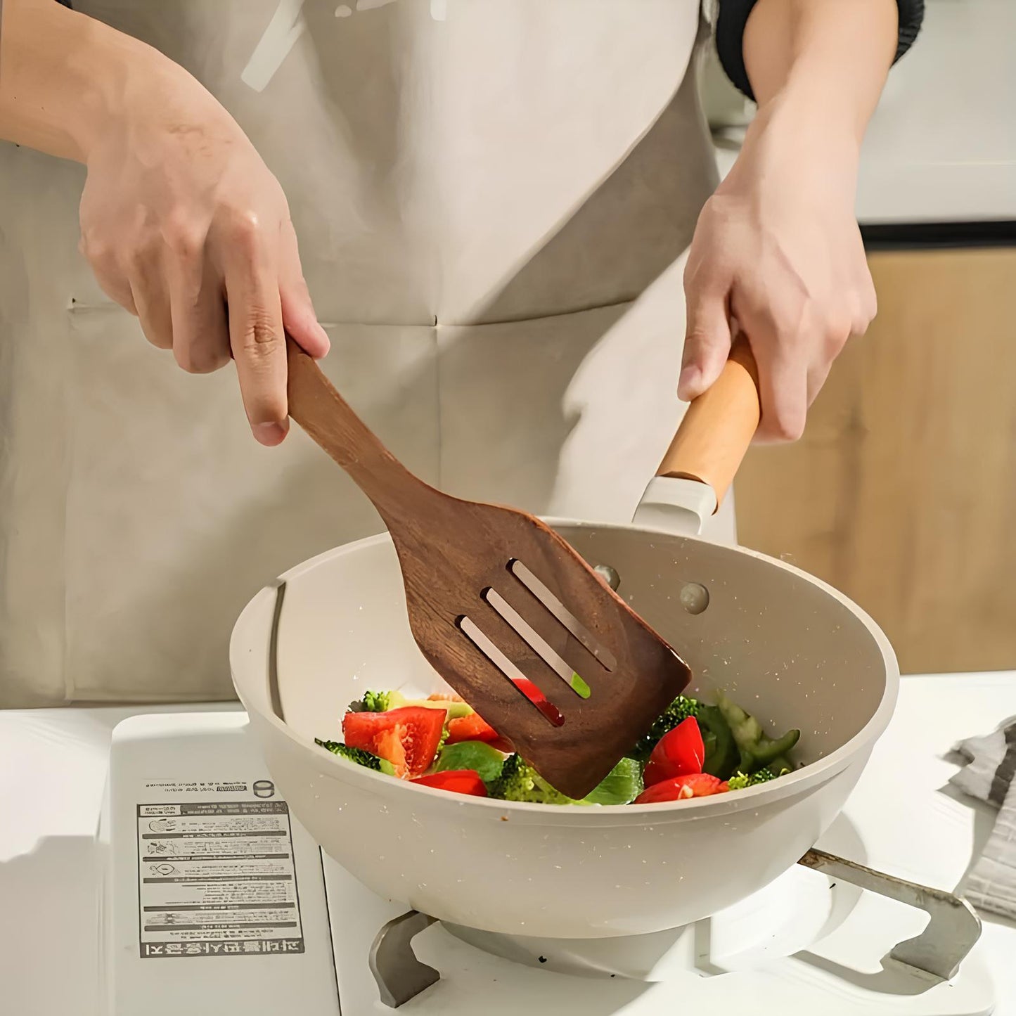 Houten Keukengerei Set 5-delig Teakhout met Spatel Soeplepel Spaghettischep Kooklepel Bakborstel Kookgerei