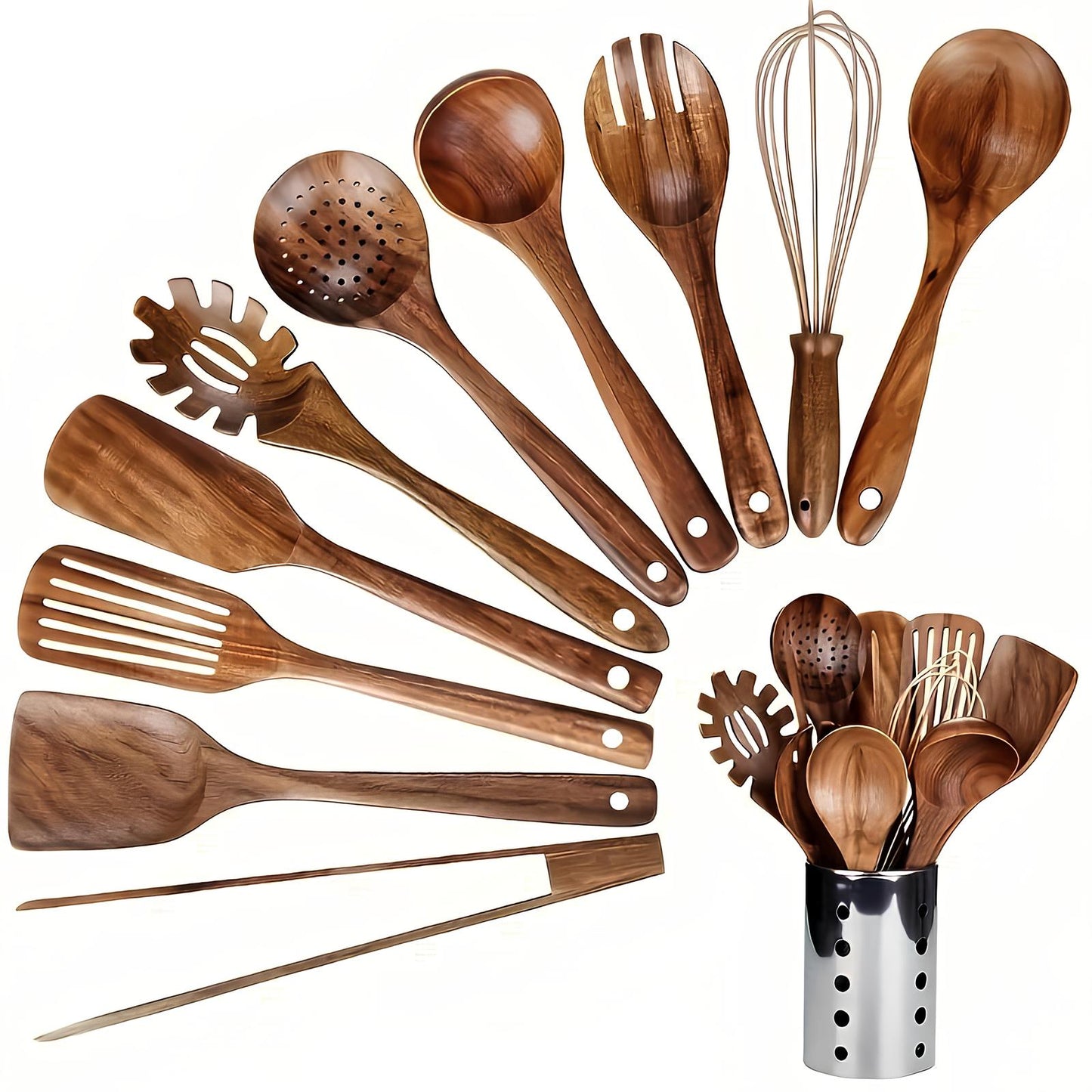11-delige Teak Keukengerei Set met Houder – Houten Keukenhulpen