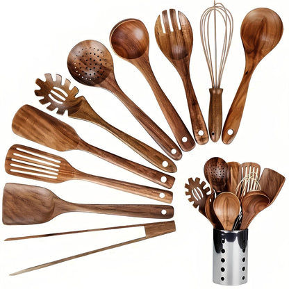 Houten Keukengerei Set 11-delig met Houder Teakhout Natuurlijk Scandinavisch Kookbestek Spatel Lepel