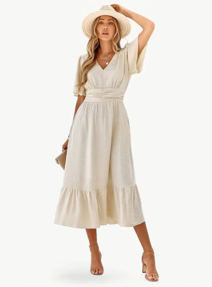 Zomerjurk V-hals Midi voor Vrouw met Taille - StudioMarella