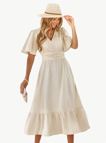 Zomerjurk V-hals Midi voor Vrouw met Taille