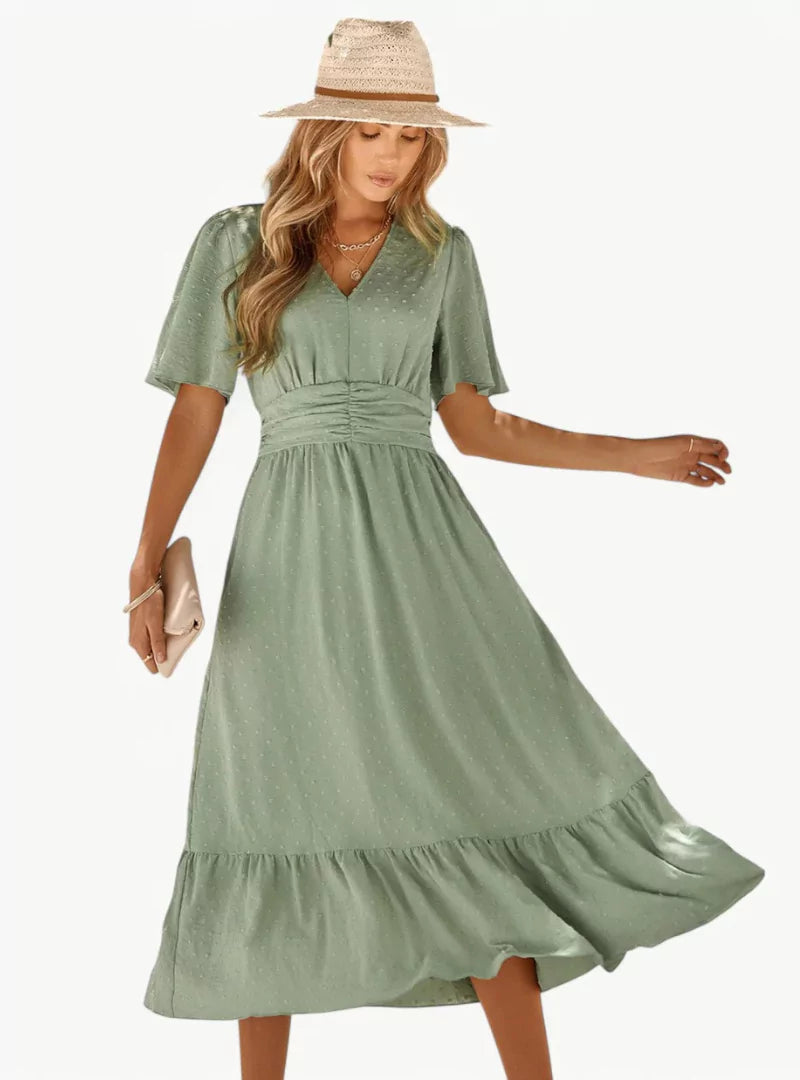 Zomerjurk V-hals Midi voor Vrouw met Taille