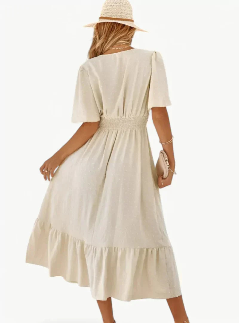 Zomerjurk V-hals Midi voor Vrouw met Taille