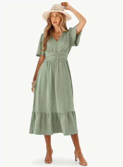 Zomerjurk V-hals Midi voor Vrouw met Taille