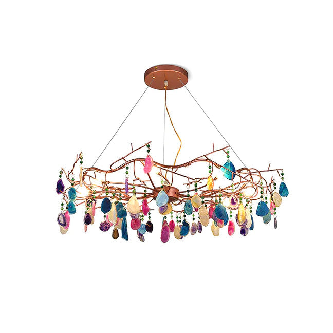 Agaatlamp Kroonluchter met Natuursteen en Roségouden Frame – Klassieke Villa Verlichting