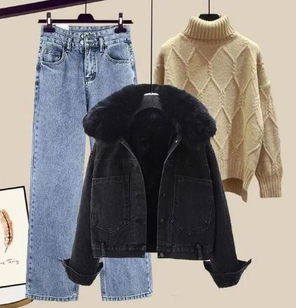 Jeans Set Driedelig met Jasje en Trui Hoge Hals → Jeans Set Driedelig Jasje Trui Hoge Hals Warm - StudioMarella