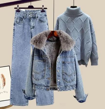 Jeans Set Driedelig met Jasje en Trui Hoge Hals → Jeans Set Driedelig Jasje Trui Hoge Hals Warm