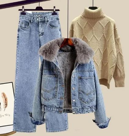 Jeans Set Driedelig met Jasje en Trui Hoge Hals → Jeans Set Driedelig Jasje Trui Hoge Hals Warm
