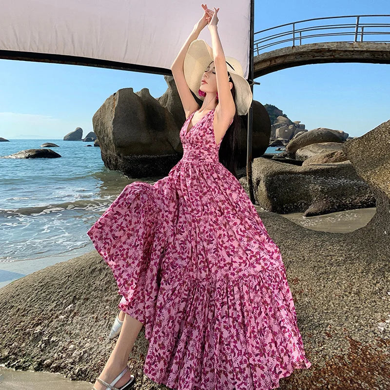 Zomerjurk Backless Strandjurk Bloemenprint Vrouw