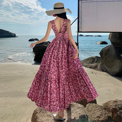 Zomerjurk Backless Strandjurk Bloemenprint Vrouw