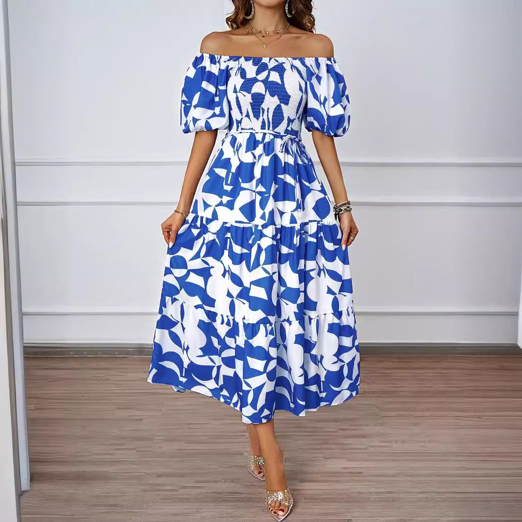 Midi-jurk Off-Shoulder met Pofmouwen Elegante Vrouwelijke Stijl