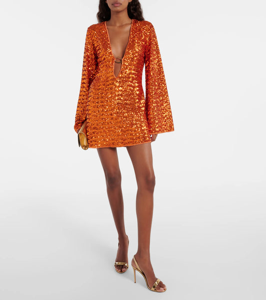 Glitter Jurk Mini V-hals Wijde Mouwen Feestelijke Jurk - StudioMarella