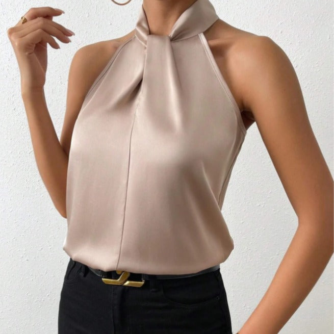 Zijden Top met Knoop Hals Elegante Vrouwelijke Blouse - StudioMarella