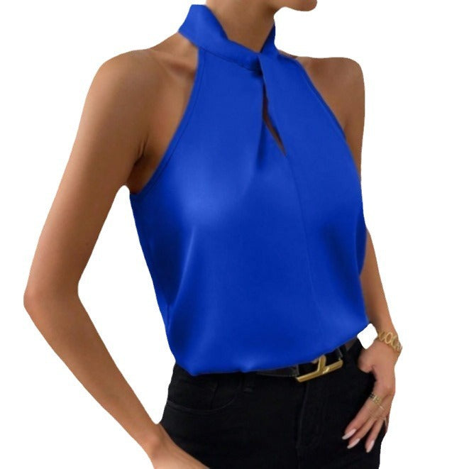 Zijden Top met Knoop Hals Elegante Vrouwelijke Blouse