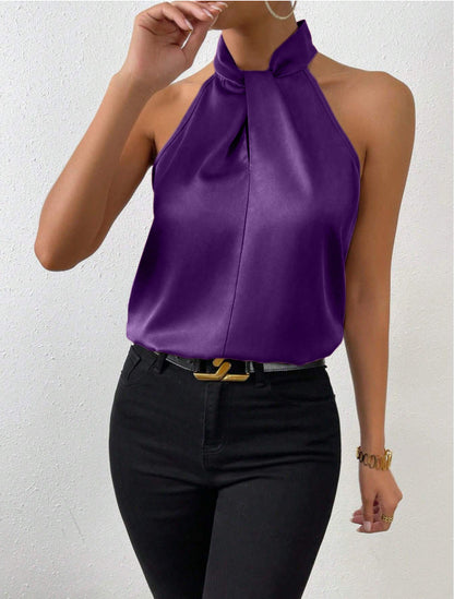 Zijden Top met Knoop Hals Elegante Vrouwelijke Blouse