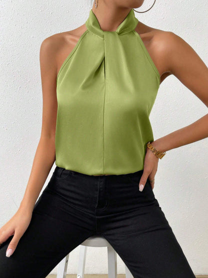 Zijden Top met Knoop Hals Elegante Vrouwelijke Blouse