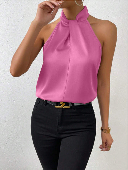 Zijden Top met Knoop Hals Elegante Vrouwelijke Blouse