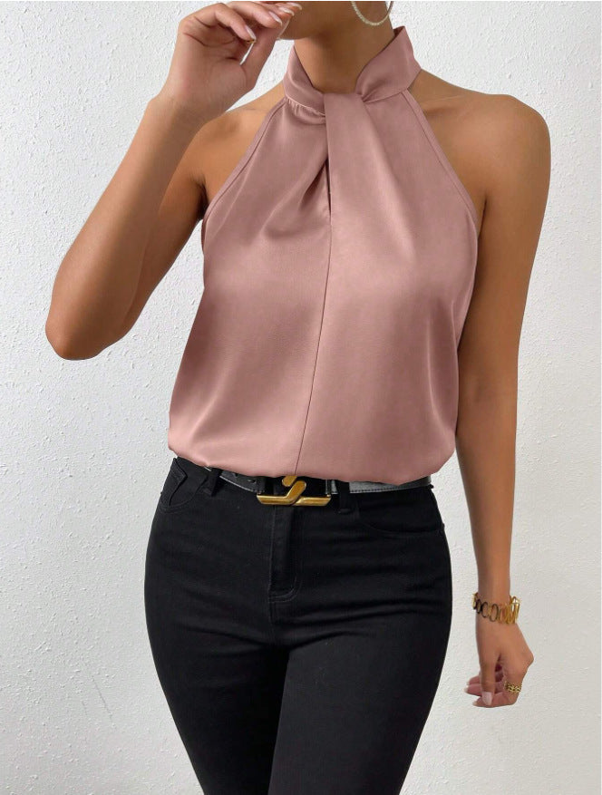 Zijden Top met Knoop Hals Elegante Vrouwelijke Blouse