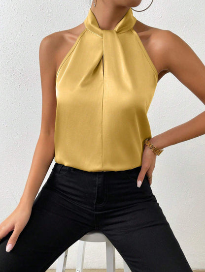 Zijden Top met Knoop Hals Elegante Vrouwelijke Blouse