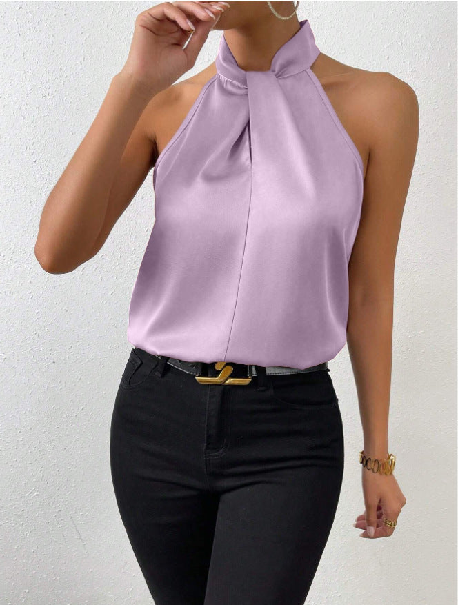 Zijden Top met Knoop Hals Elegante Vrouwelijke Blouse