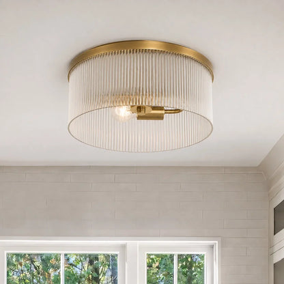 Ronde Plafondlamp met Geribbeld Glas en Landelijke Afwerking – Warm Sfeerlicht voor Lage Plafonds