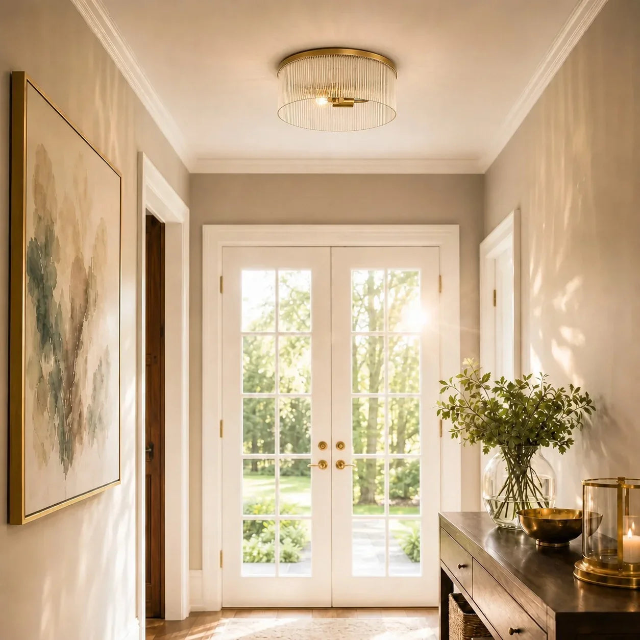 Ronde Plafondlamp met Geribbeld Glas en Landelijke Afwerking – Warm Sfeerlicht voor Lage Plafonds