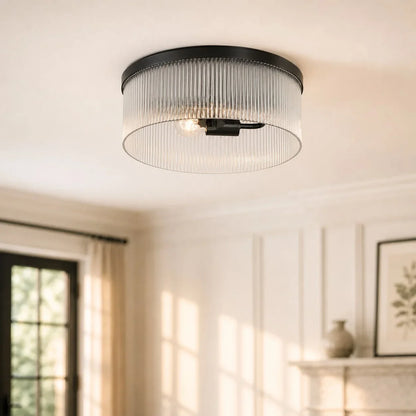 Ronde Plafondlamp met Geribbeld Glas en Landelijke Afwerking – Warm Sfeerlicht voor Lage Plafonds