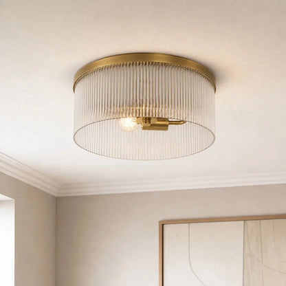 Ronde Plafondlamp met Geribbeld Glas en Landelijke Afwerking – Warm Sfeerlicht voor Lage Plafonds