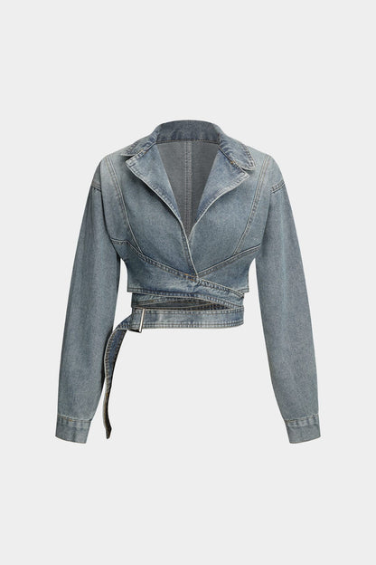 Dames Denim Jas Kort Modern Feminiene Wickeljack - StudioMarella