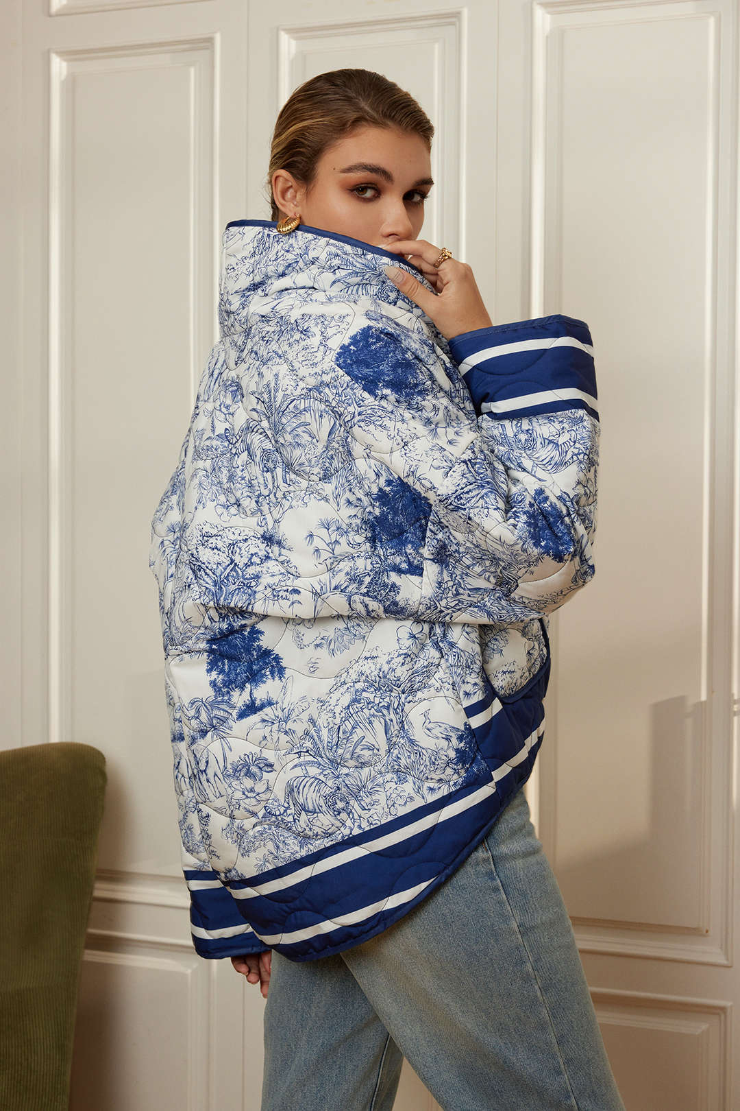 Bloemen Steppjacke Blauw Gezellig Warm