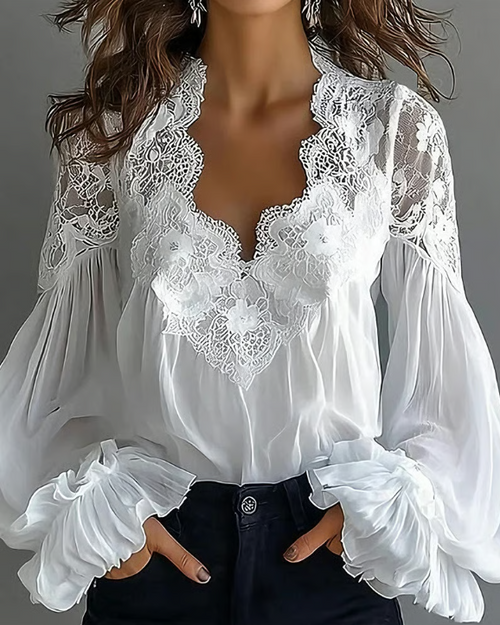 Vrouwelijke Blouse met Lantaarnmouwen Elegante Kant - StudioMarella