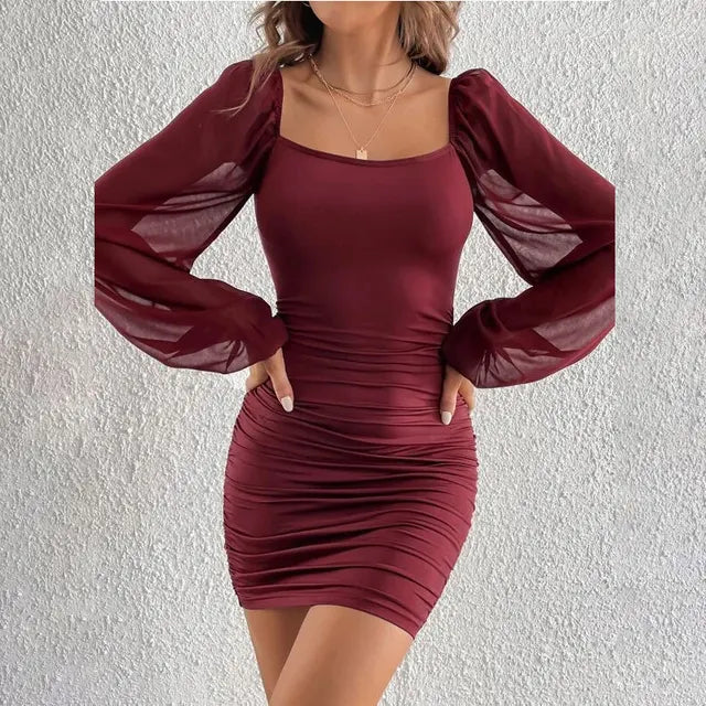 Vierkante Kraag Jurk met Mesh Plooien Elegante Zomerjurk